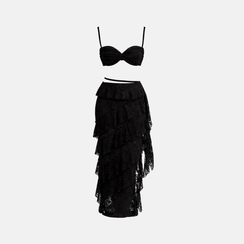 Women’s Lace Skirt Set with Tiered Ruffles and Structured Bustier