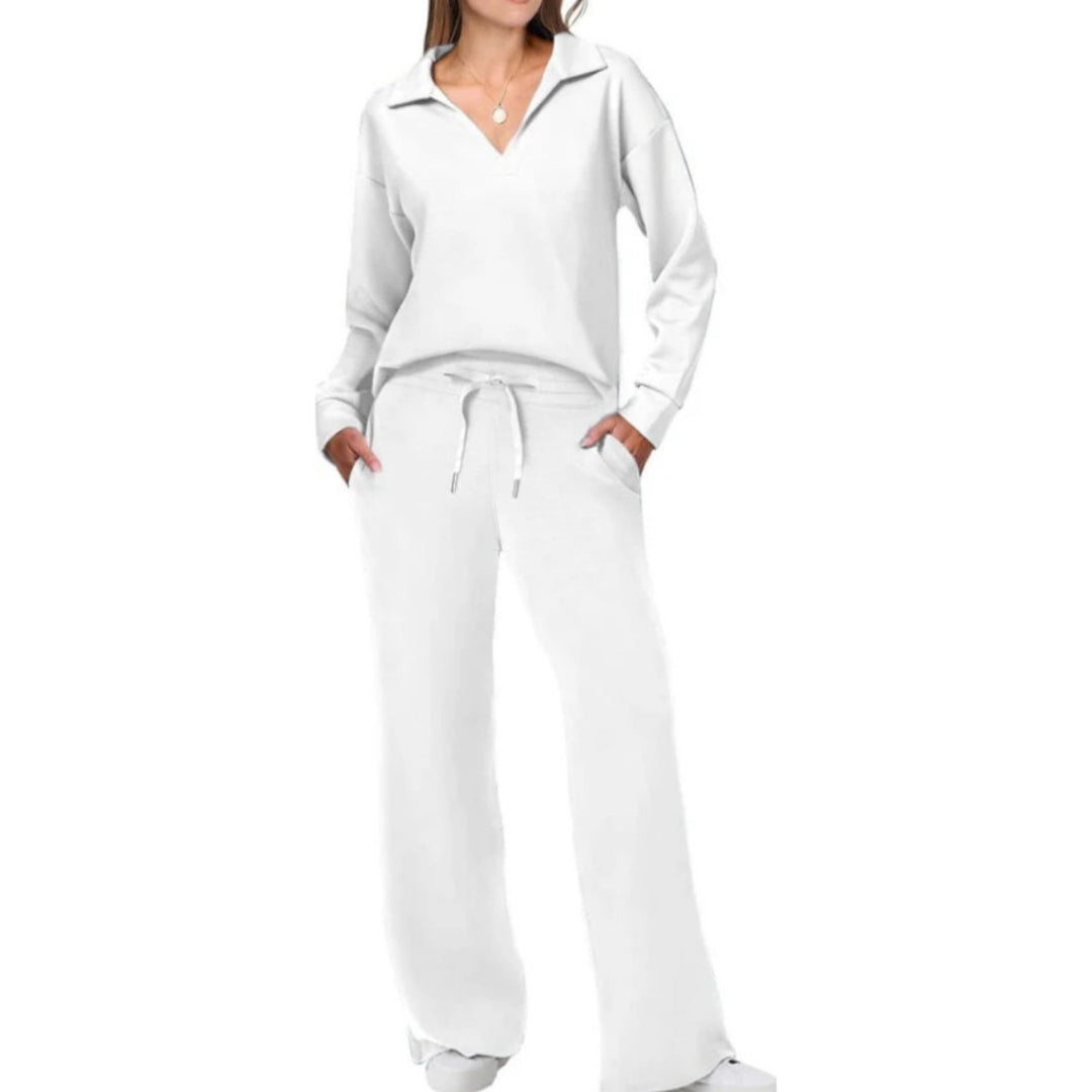 Women’s Loungewear Set with V-Neck Top and Elastic Waist Pants