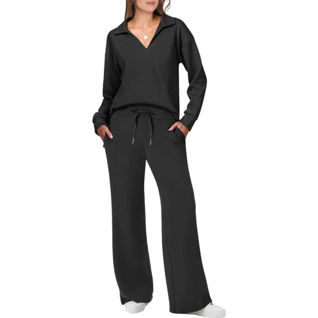 Women’s Loungewear Set with V-Neck Top and Elastic Waist Pants