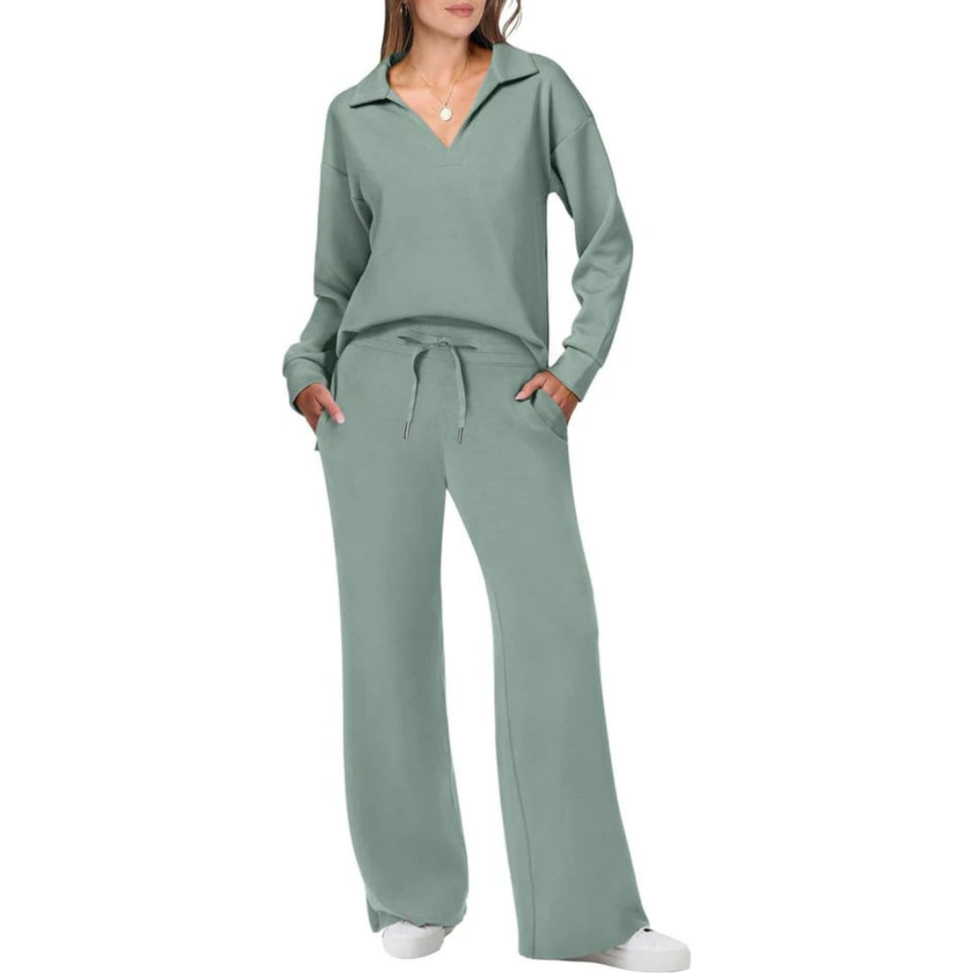 Women’s Loungewear Set with V-Neck Top and Elastic Waist Pants