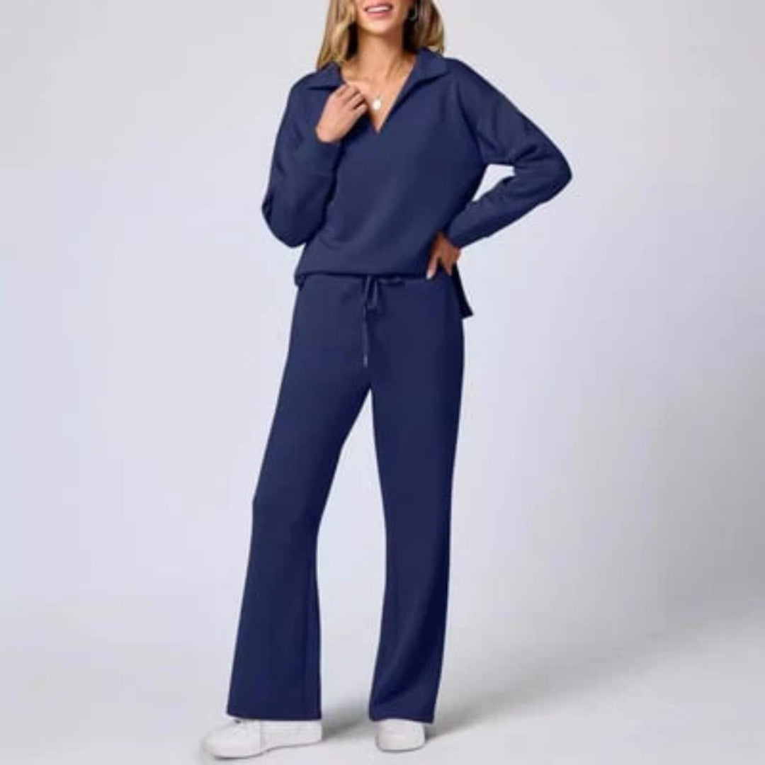 Women’s Loungewear Set with V-Neck Top and Elastic Waist Pants