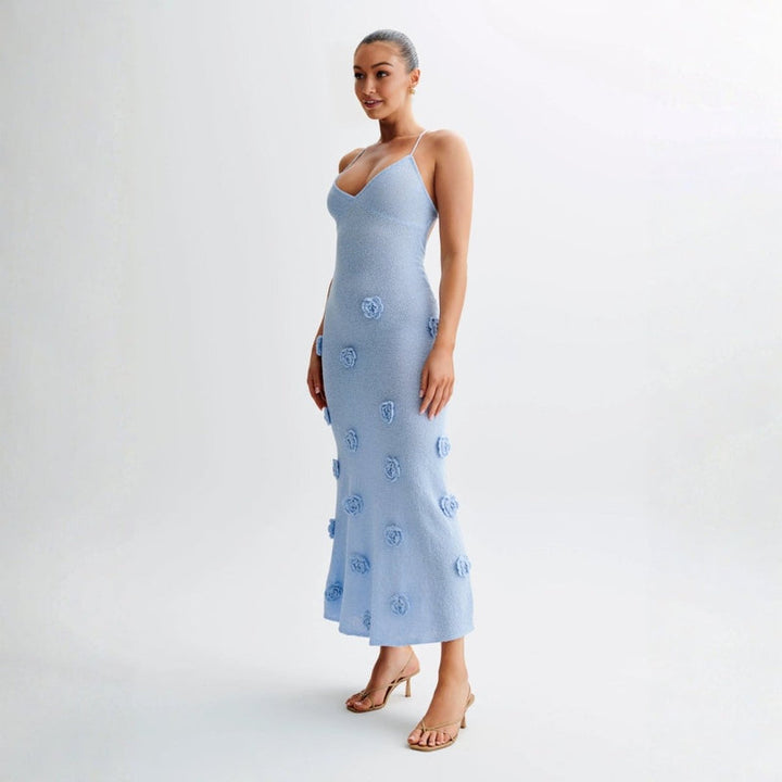 Women’s Maxi Dress with 3D Rosettes and Lace-Up Back