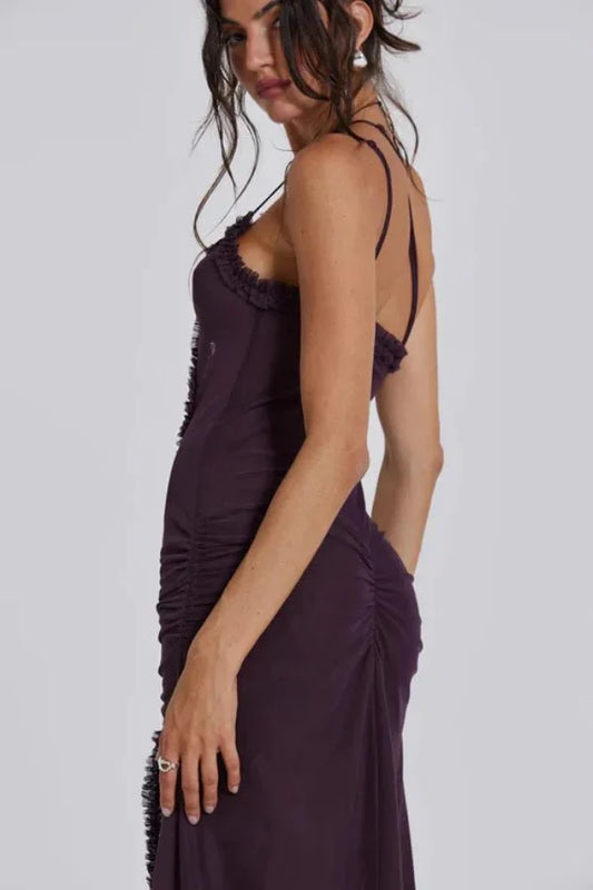 Women’s Maxi Dress with Ruffled Detail and Mesh Design