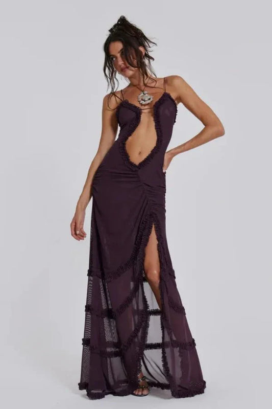 Women’s Maxi Dress with Ruffled Detail and Mesh Design