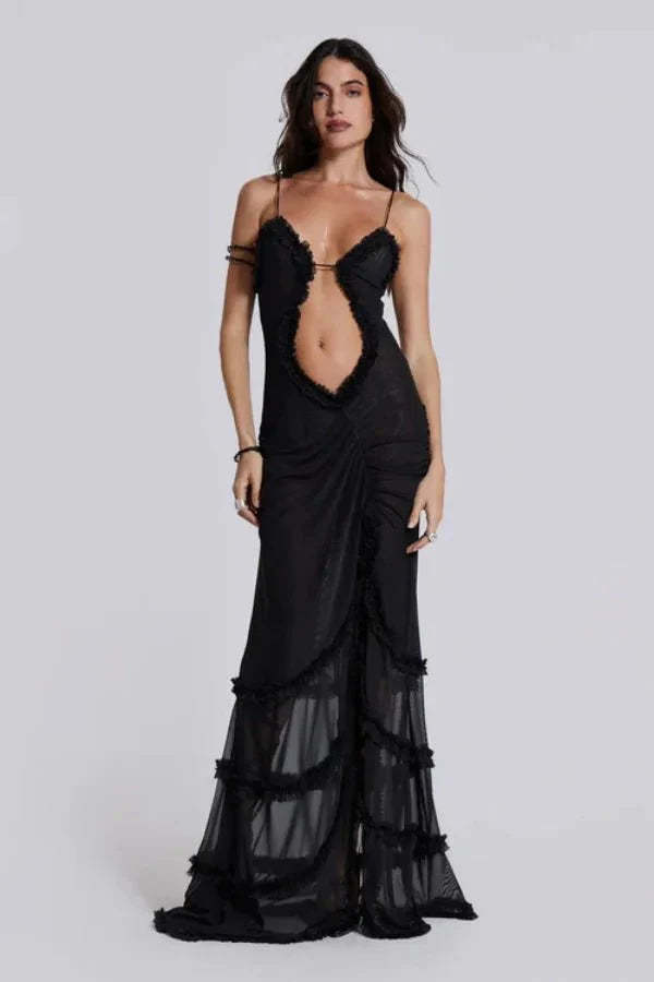 Women’s Maxi Dress with Ruffled Detail and Mesh Design