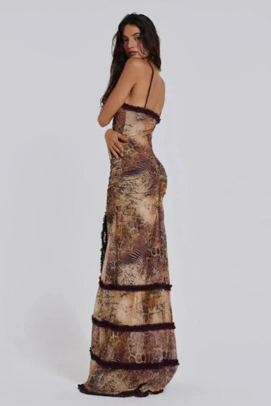 Women’s Maxi Dress with Ruffled Detail and Mesh Design