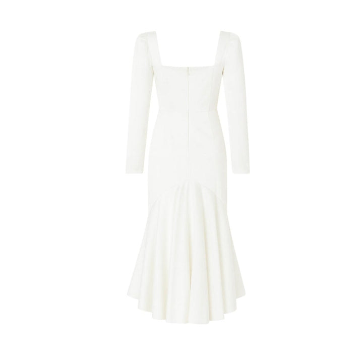 Women’s Midi Dress with Sculptural Neckline and Puff Sleeves