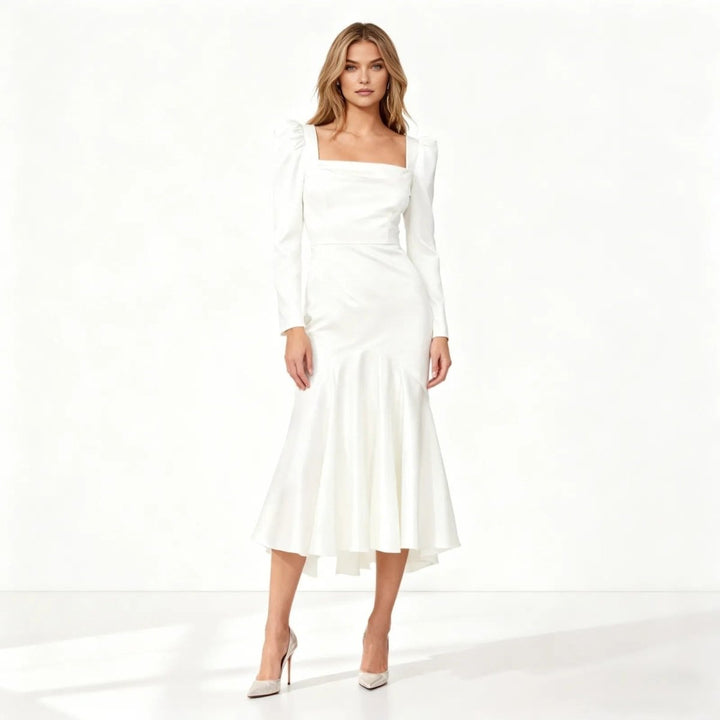 Women’s Midi Dress with Sculptural Neckline and Puff Sleeves