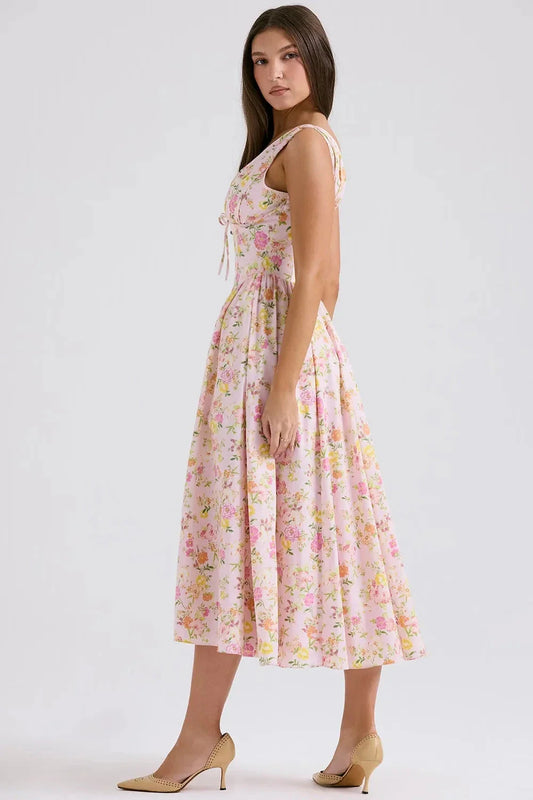 Women’s Midi Sundress with Tropical Print and Adjustable Straps