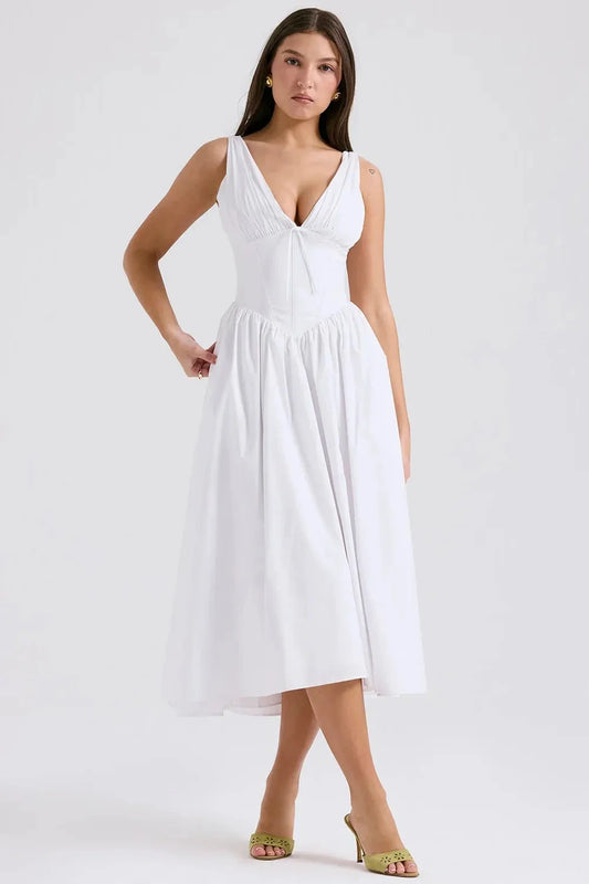 Women’s Midi Sundress with Tropical Print and Adjustable Straps
