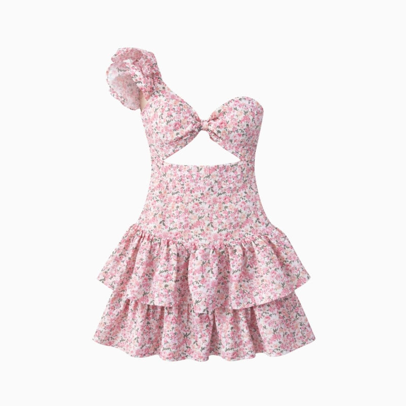 Women’s Mini Dress with One-Shoulder Design and Ruffle Details