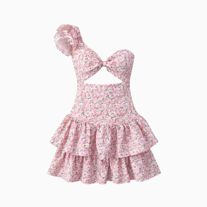 Women’s Mini Dress with One-Shoulder Design and Ruffle Details