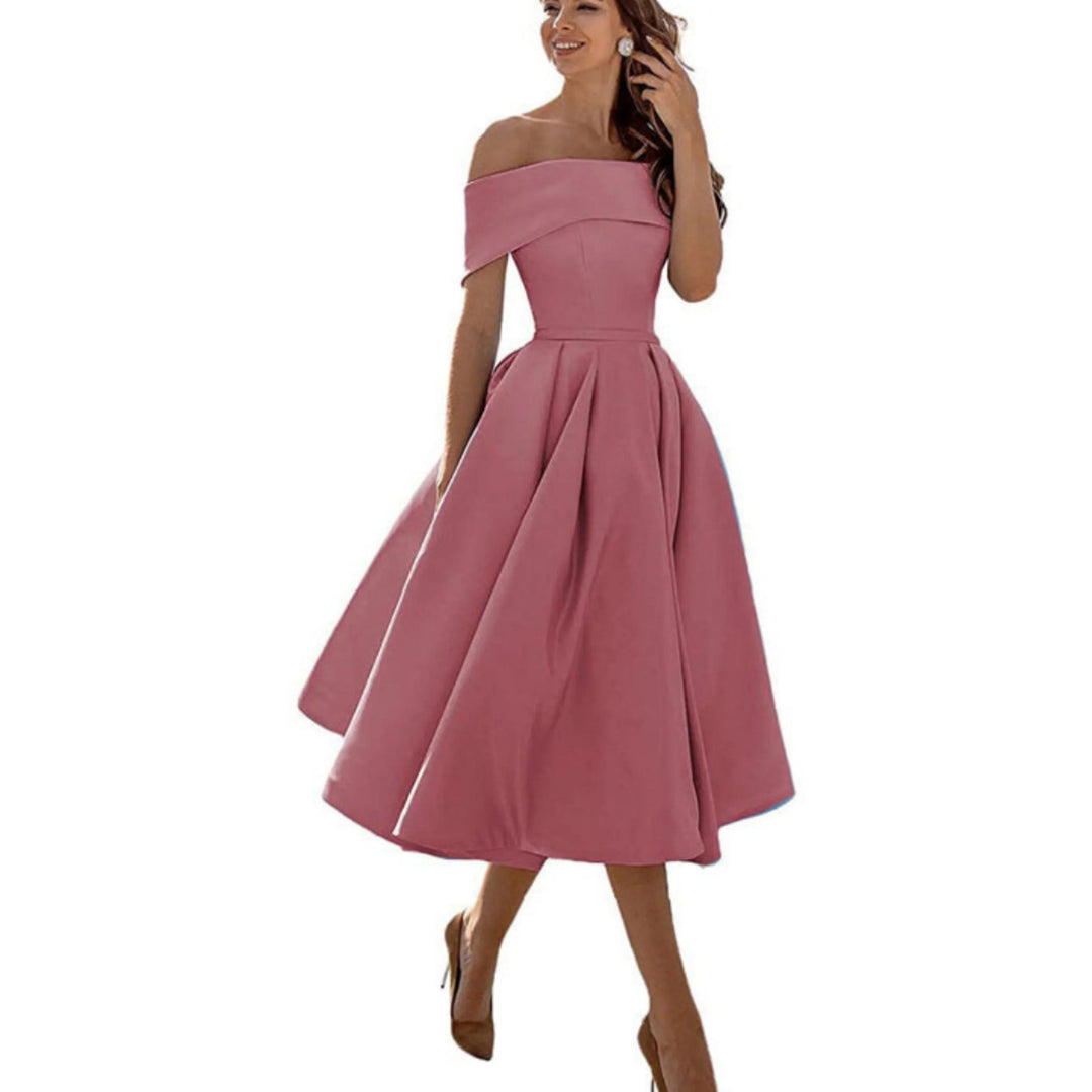 Women’s Midi Dress with Off-the-Shoulder Neckline and Flared Skirt