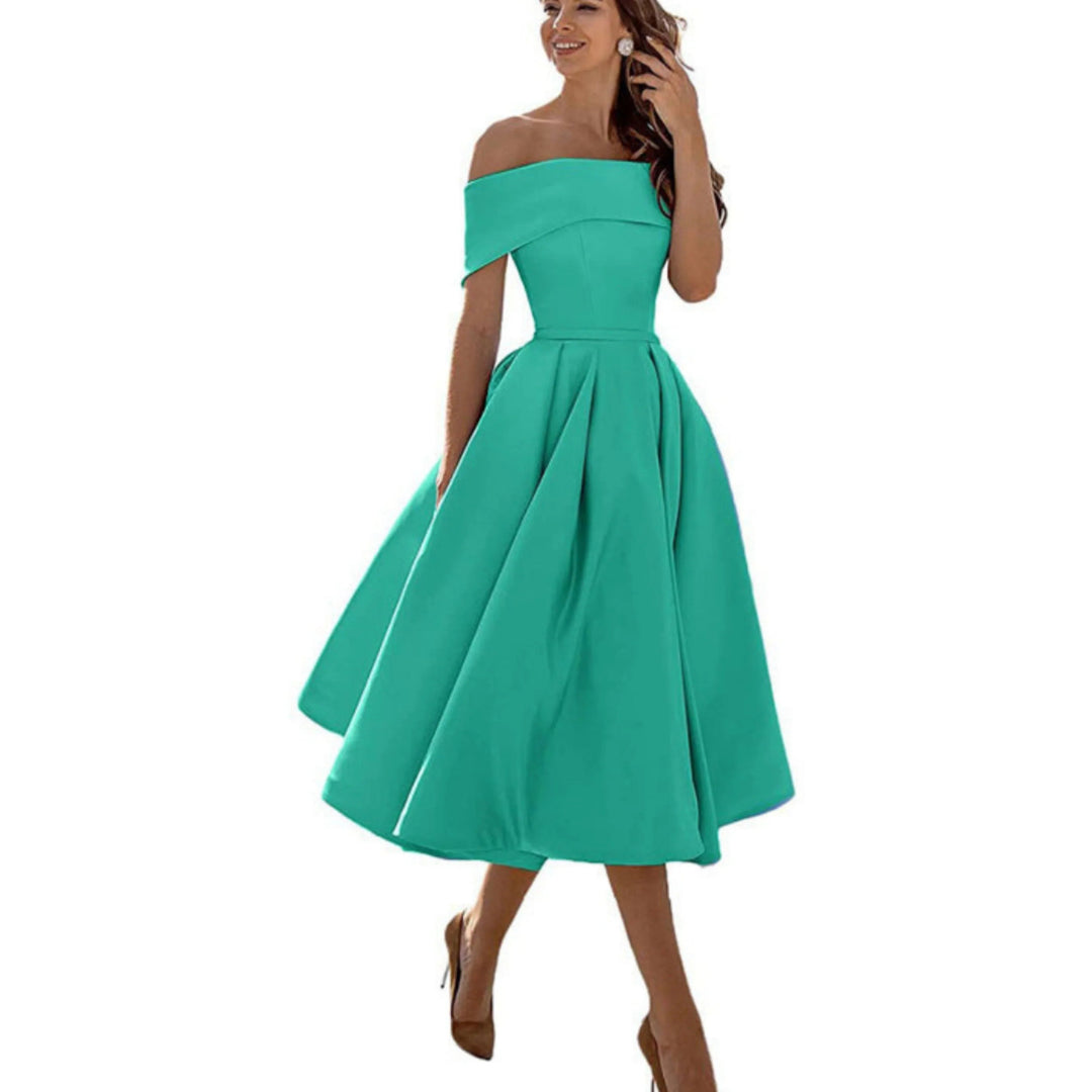 Women’s Midi Dress with Off-the-Shoulder Neckline and Flared Skirt