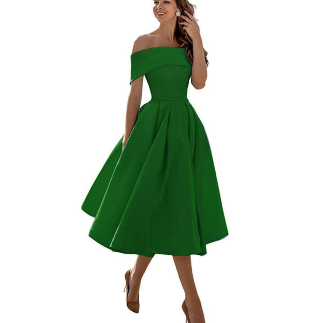Women’s Midi Dress with Off-the-Shoulder Neckline and Flared Skirt