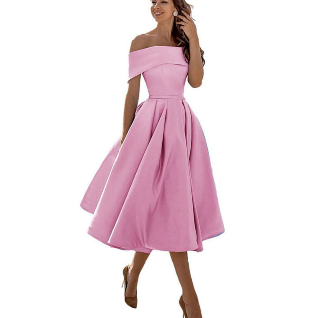 Women’s Midi Dress with Off-the-Shoulder Neckline and Flared Skirt
