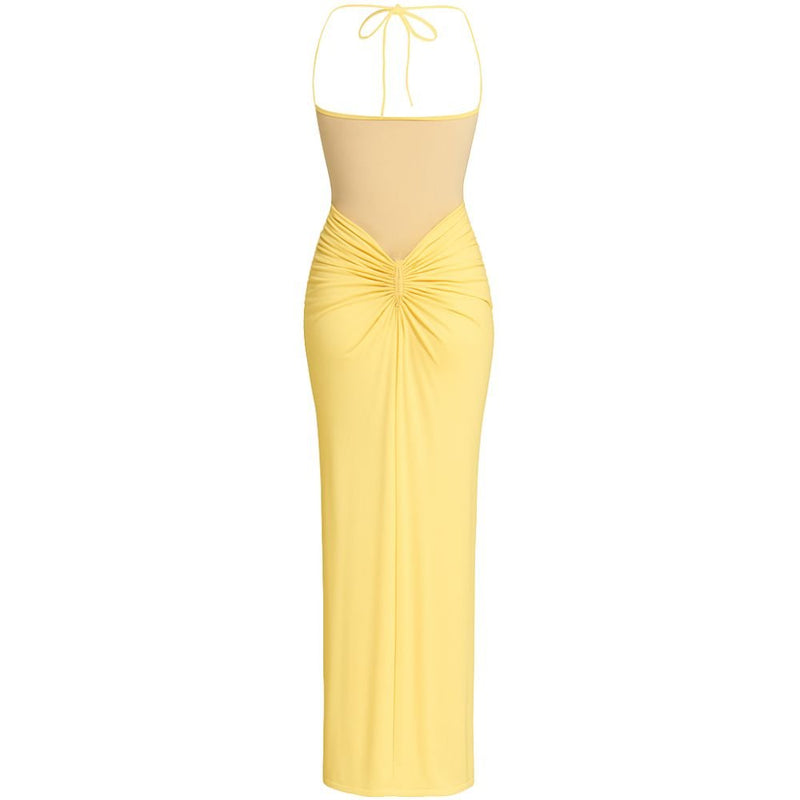 Women’s Halter Maxi Dress with Mesh Panel and Ruching