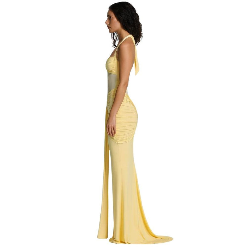 Women’s Halter Maxi Dress with Mesh Panel and Ruching
