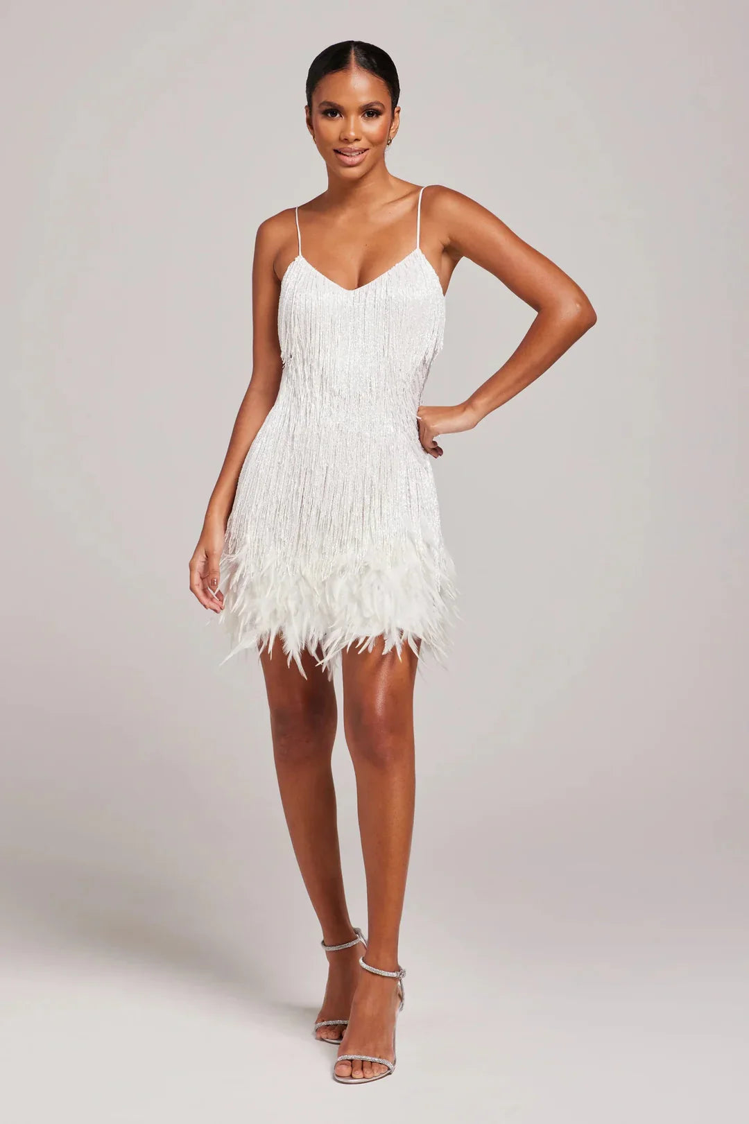 Women’s Feather Mini Dress with Fringe Detail and Sleek Fit