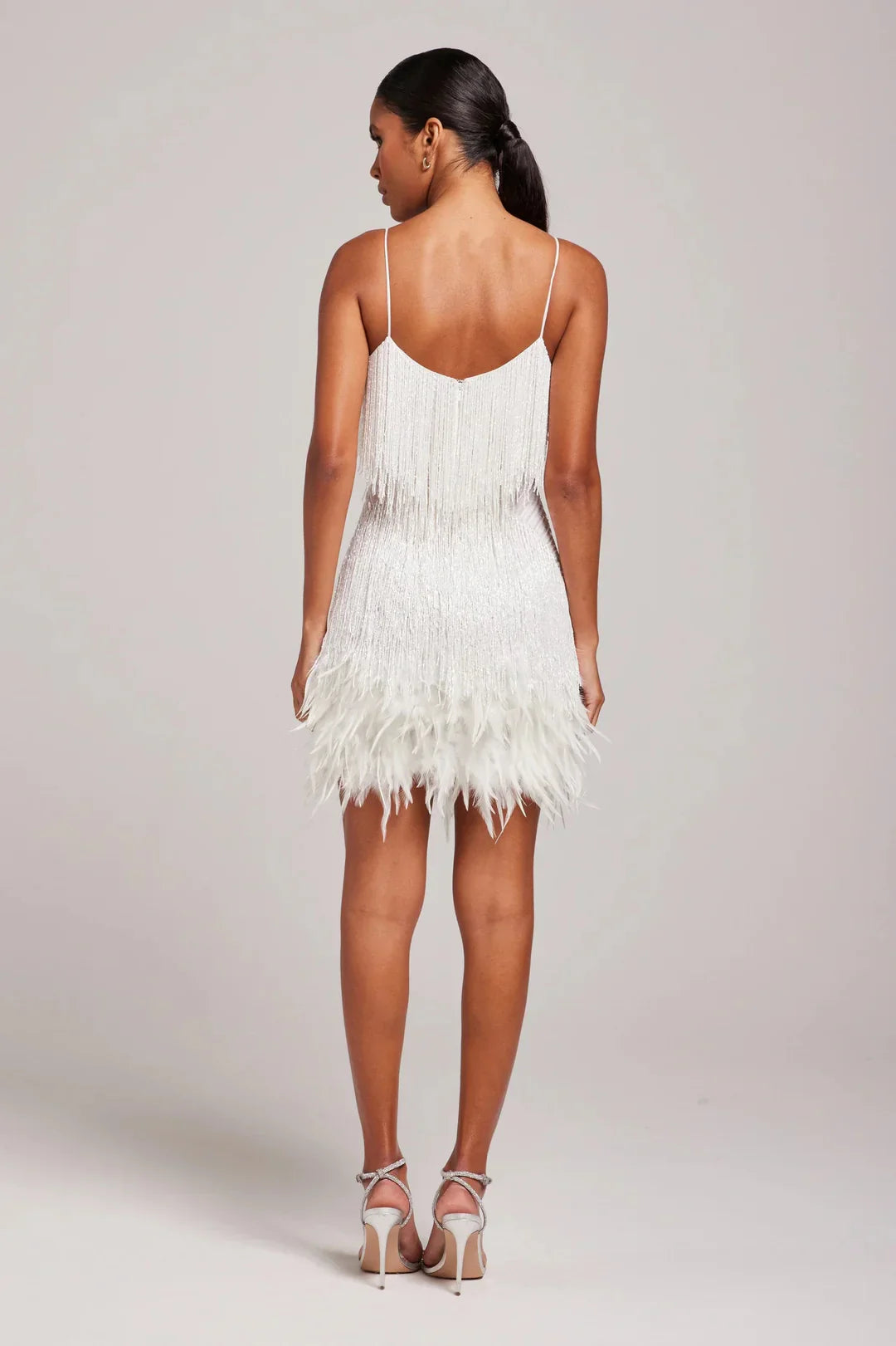 Women’s Feather Mini Dress with Fringe Detail and Sleek Fit