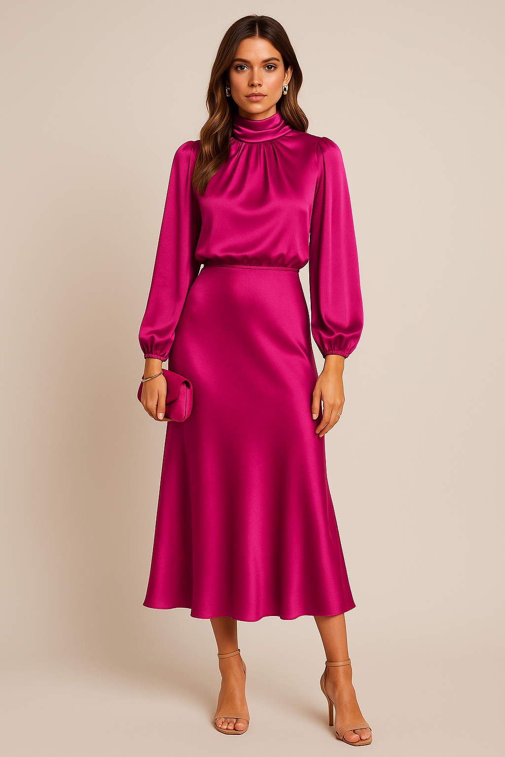 Women’s High Waist Midi Dress with High Neck and Midi Length