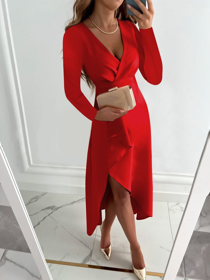 Women’s Midi Dress with V-Neckline and Slit Design