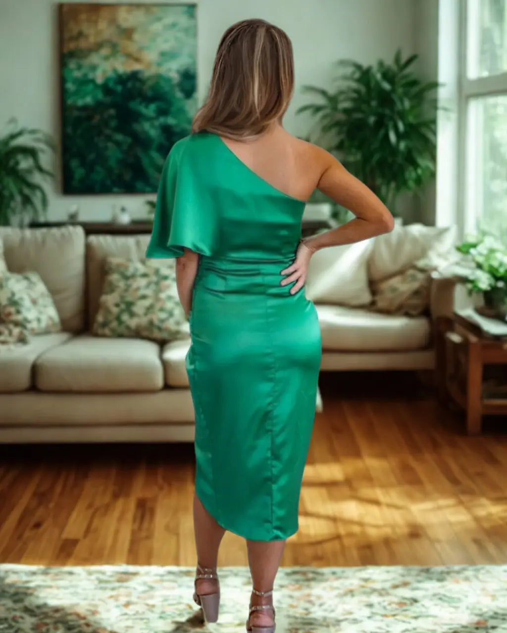 Women’s Asymmetric Midi Dress with Draped Design and One Shoulder
