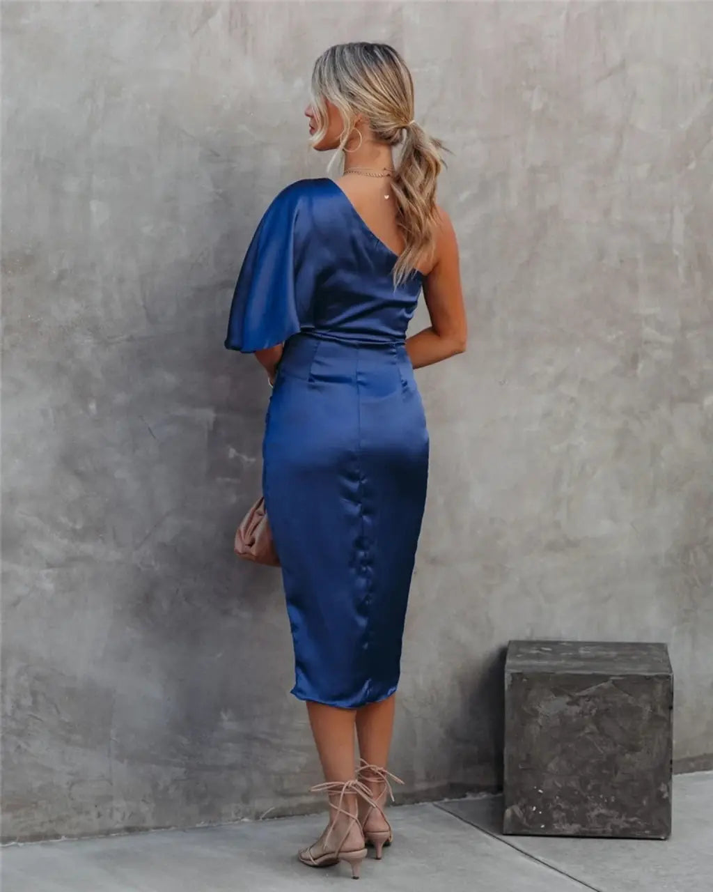 Women’s Asymmetric Midi Dress with Draped Design and One Shoulder