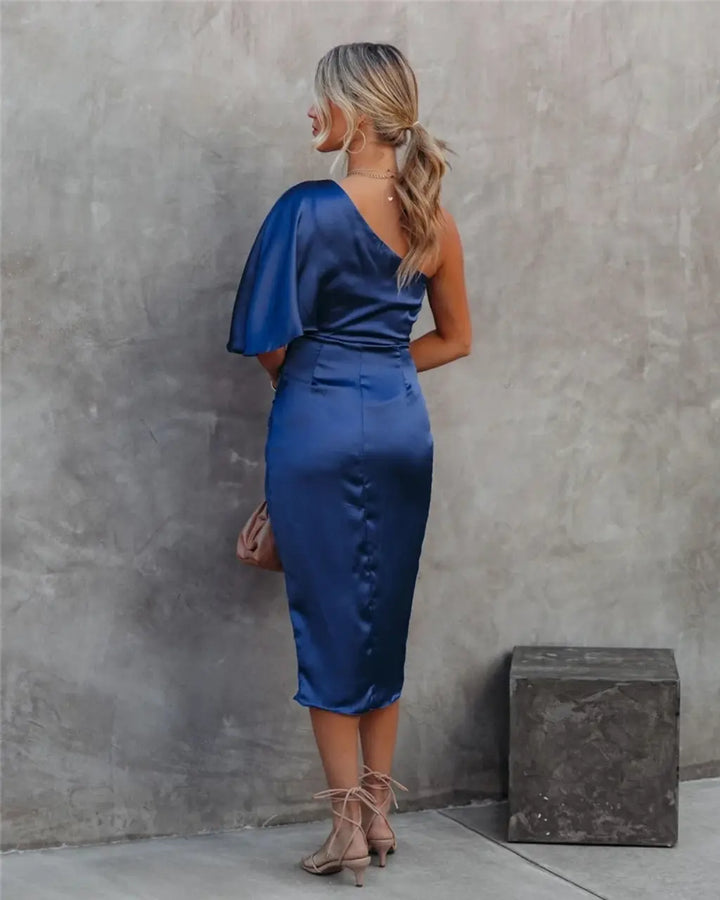Women’s Asymmetric Midi Dress with Draped Design and One Shoulder