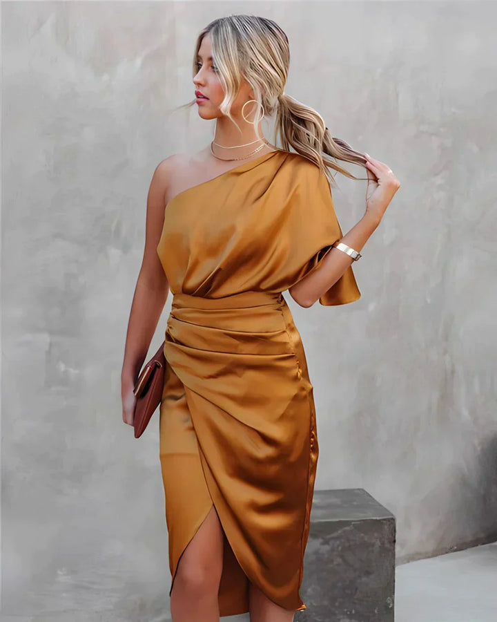 Women’s Asymmetric Midi Dress with Draped Design and One Shoulder