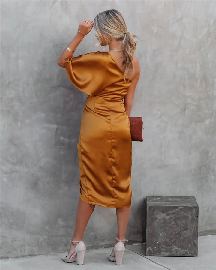 Women’s Asymmetric Midi Dress with Draped Design and One Shoulder