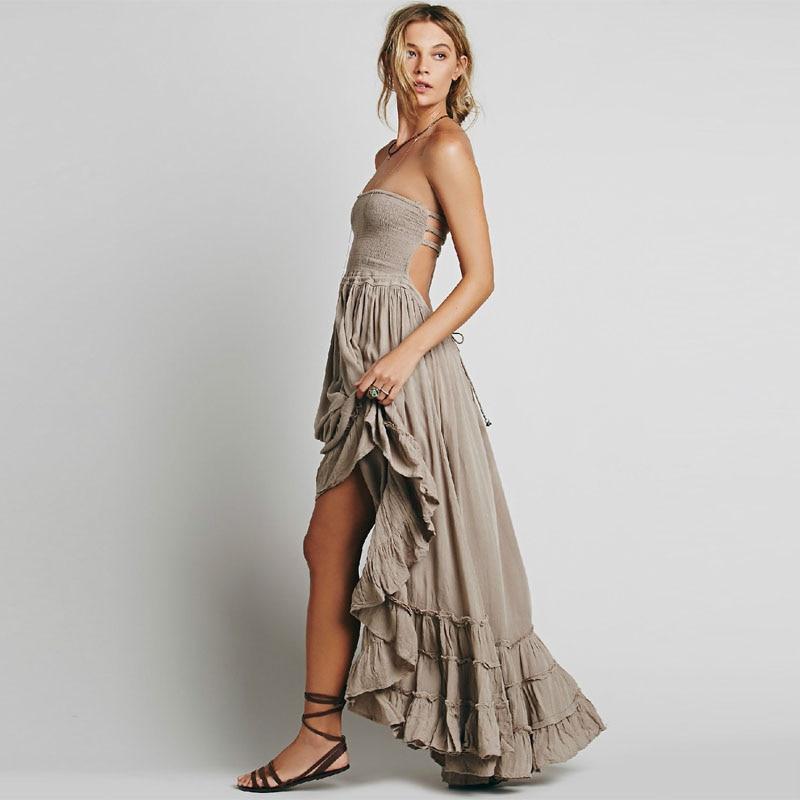 Women’s Backless Halter Maxi Dress with Ruffle Hem and Strap Detailing