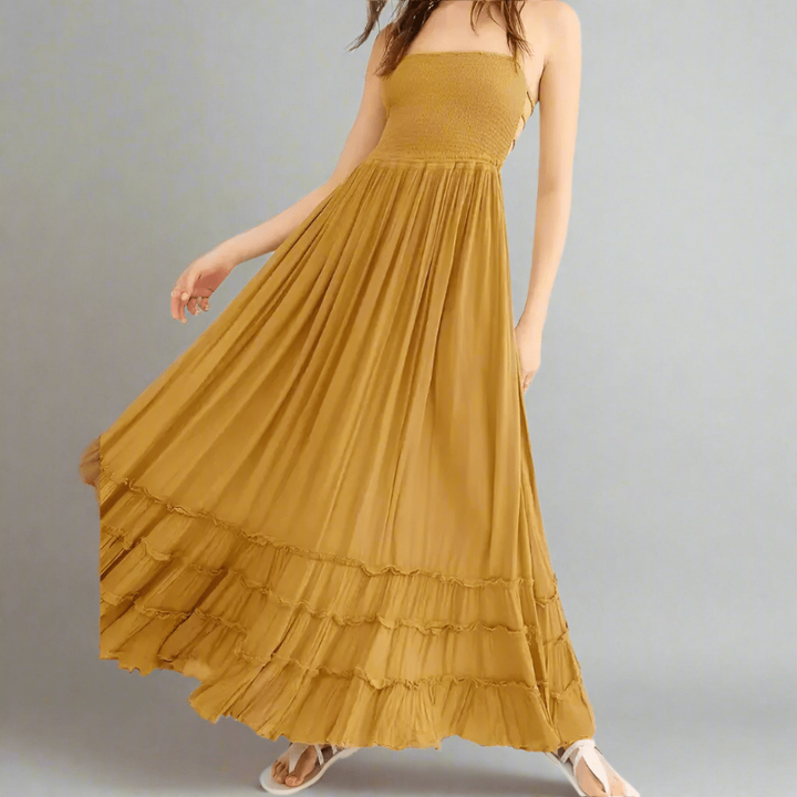 Women’s Backless Halter Maxi Dress with Ruffle Hem and Strap Detailing