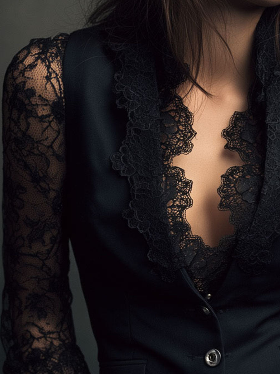 Women’s Blazer Top with Lace Panel Sleeves and Button Closure