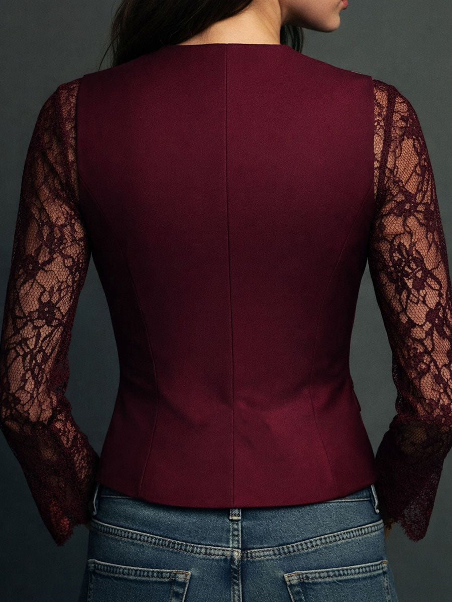 Women’s Blazer Top with Lace Panel Sleeves and Button Closure