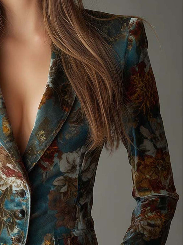 Women’s Blazer with Vintage Floral Print and Covered Buttons