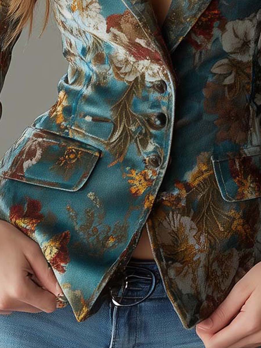 Women’s Blazer with Vintage Floral Print and Covered Buttons