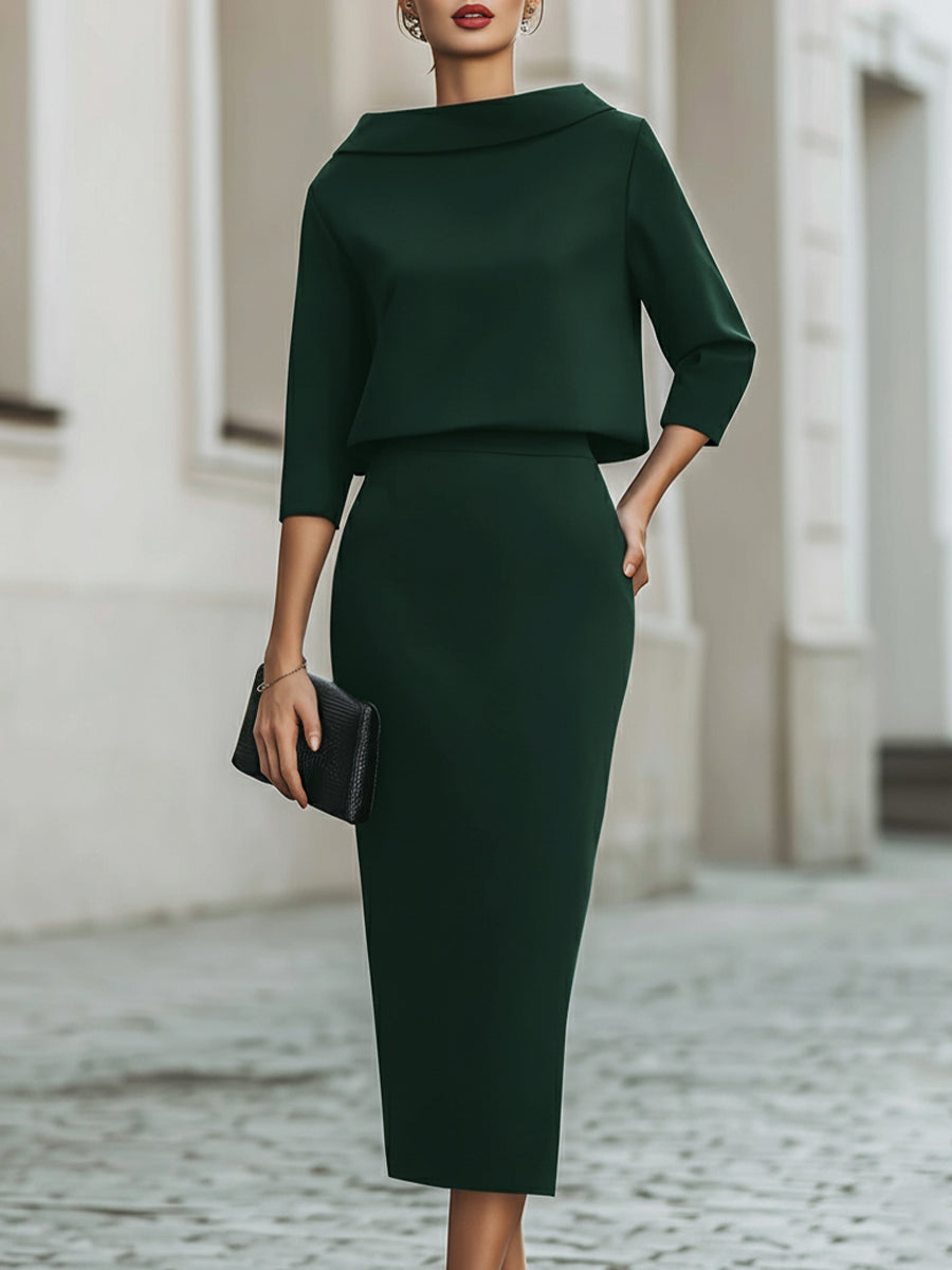 Women’s Boat Neck Top and Midi Skirt Set with Three-Quarter Sleeves
