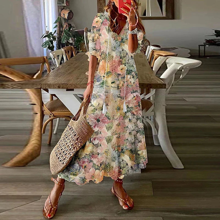 Women’s Bohemian Maxi Dress with Ethnic Print and Tie Neckline