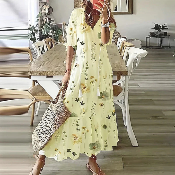 Women’s Bohemian Maxi Dress with Ethnic Print and Tie Neckline