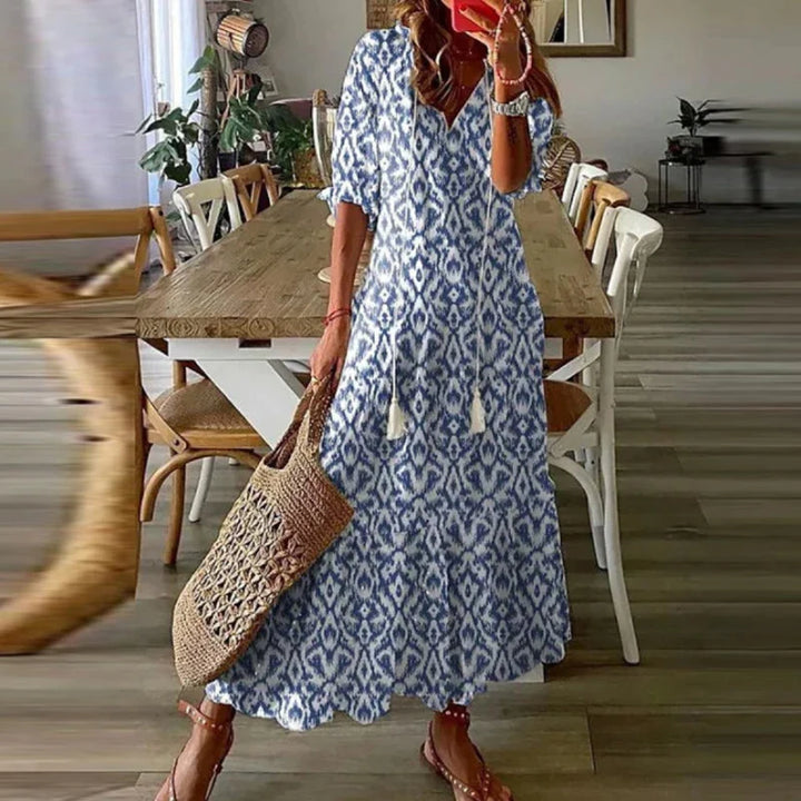 Women’s Bohemian Maxi Dress with Ethnic Print and Tie Neckline