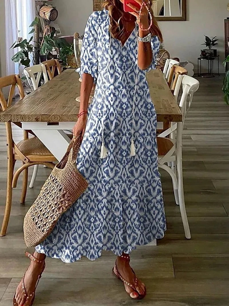 Women’s Bohemian Maxi Dress with V-Neck and Short Sleeves