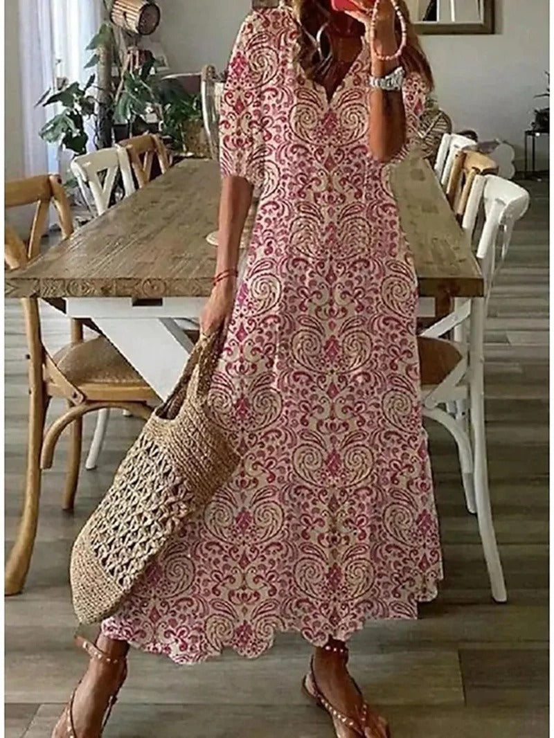 Women’s Bohemian Maxi Dress with V-Neck and Short Sleeves