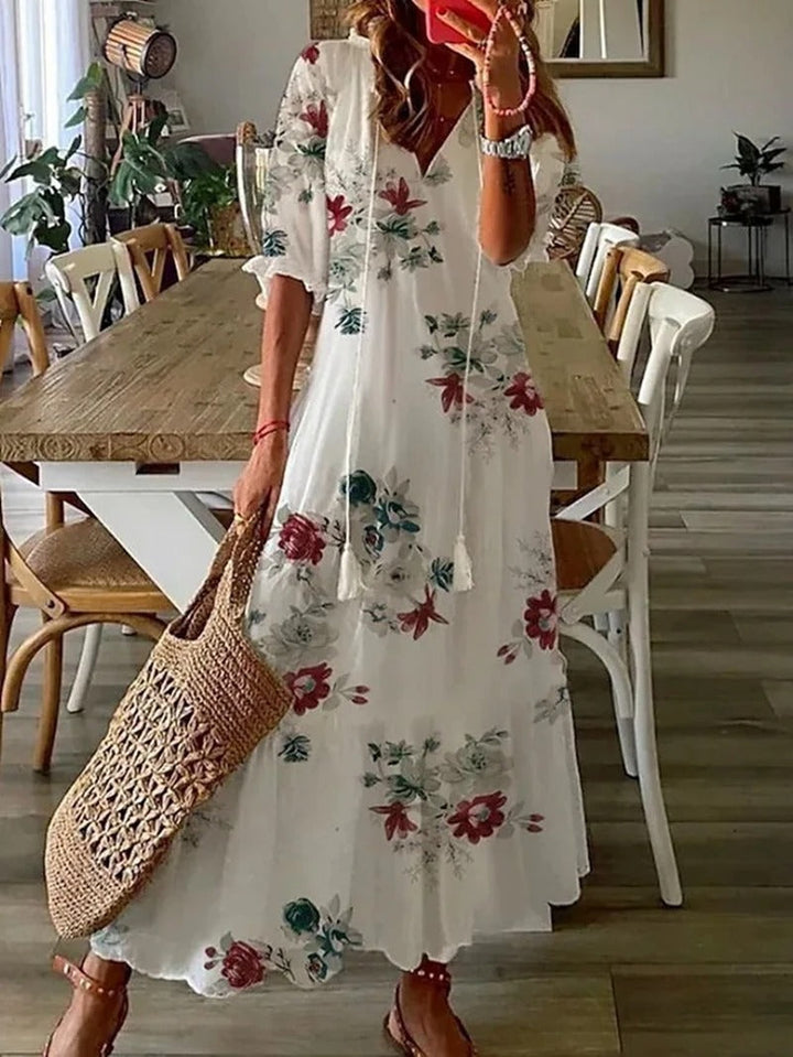 Women’s Bohemian Maxi Dress with V-Neck and Short Sleeves