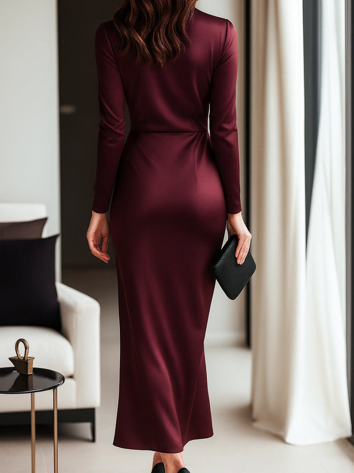 Women’s Burgundy Satin Wrap Dress with Waist Tie Detail
