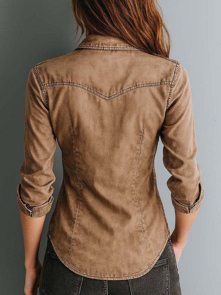 Women’s Button-Up Shirt with Contrast Stitching and Washed Design