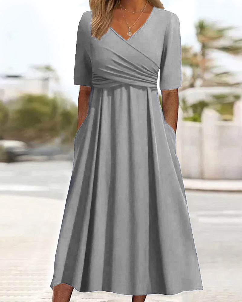 Women's Casual V-Neck Wrap Midi Summer Dress with Adjustable Design
