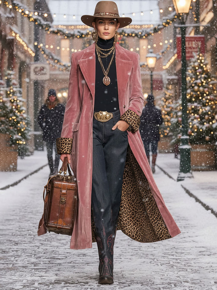 Womens Coat with Lapel Collar and Leopard Print Panels