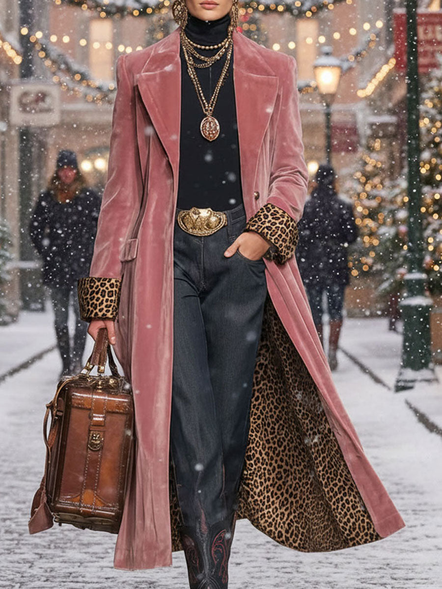 Womens Coat with Lapel Collar and Leopard Print Panels