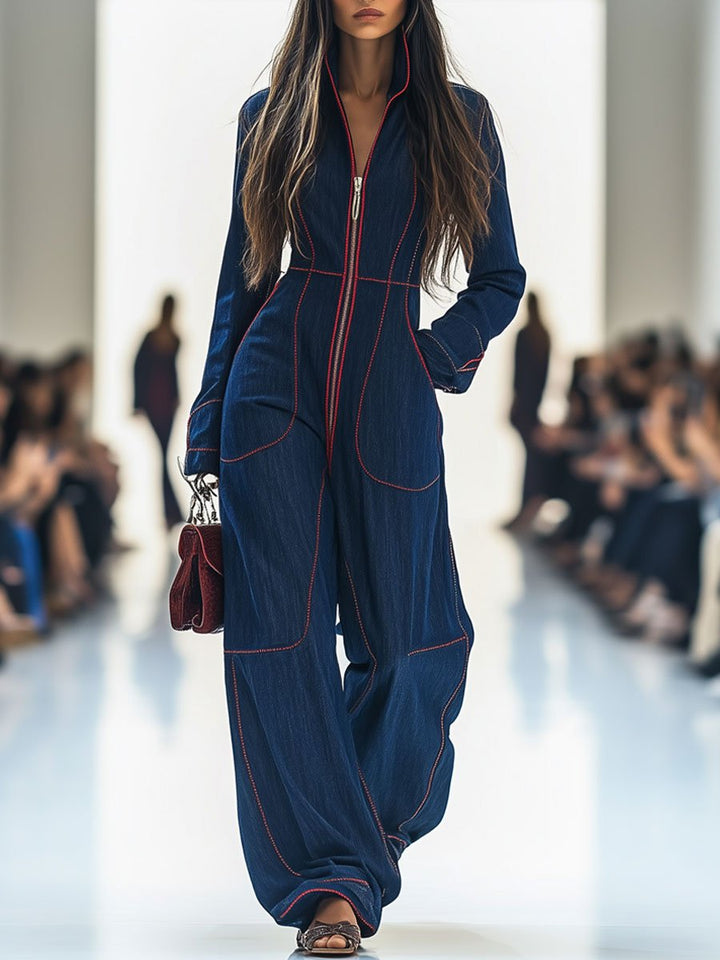 Women’s Denim Jumpsuit with Red Topstitching and Wide Legs